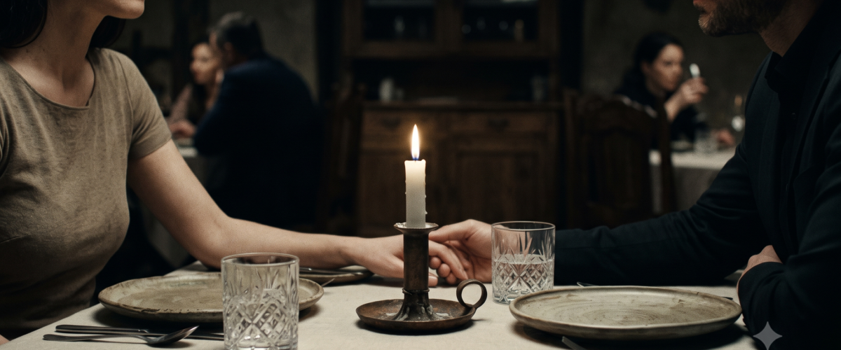 homem e mulher jantar romântico e luz de vela